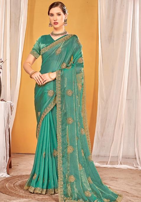 Green Embroidered Silk Saree Set