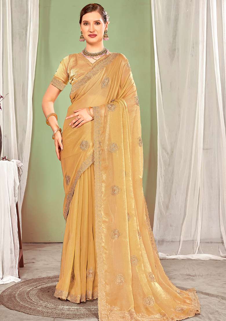 Beige Embroidered Silk Blend Saree Set for Diwali and Festive Wear - Indya