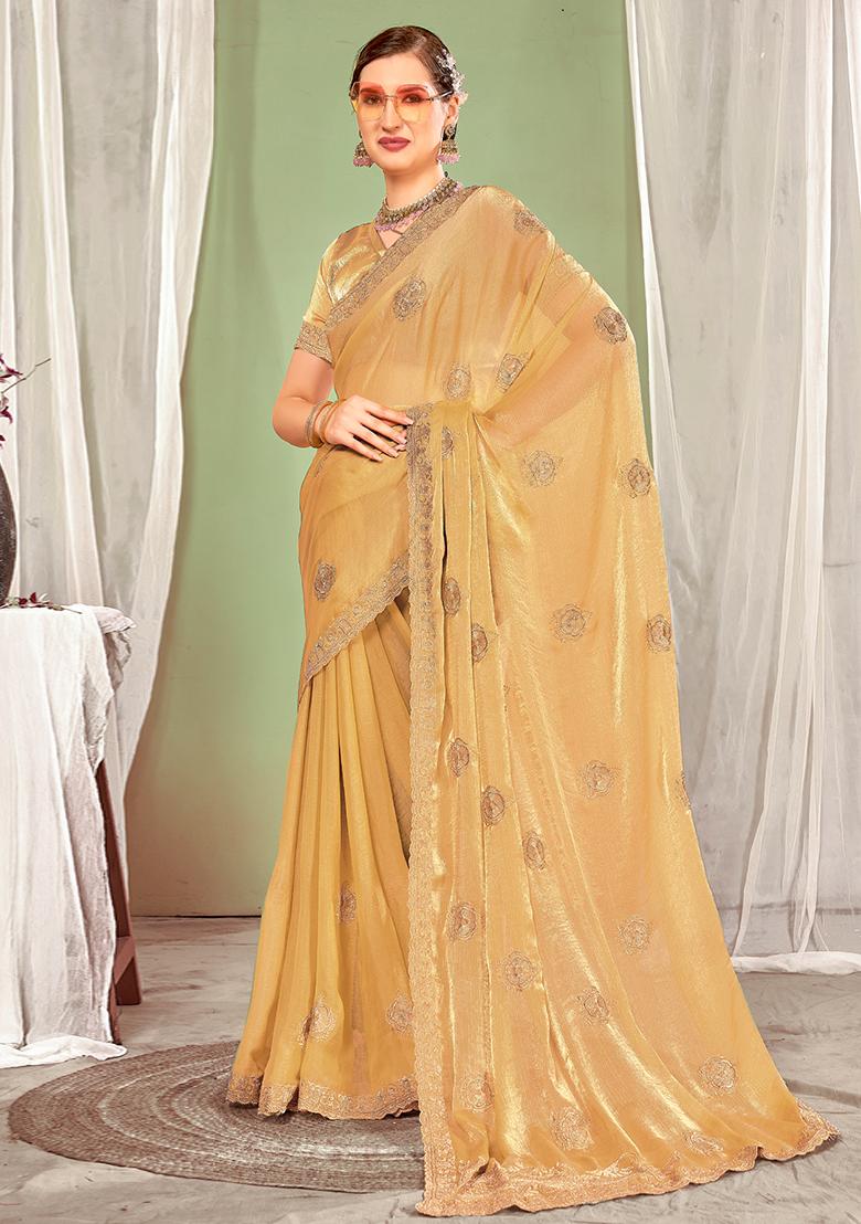 Beige Embroidered Silk Saree Set - Indya