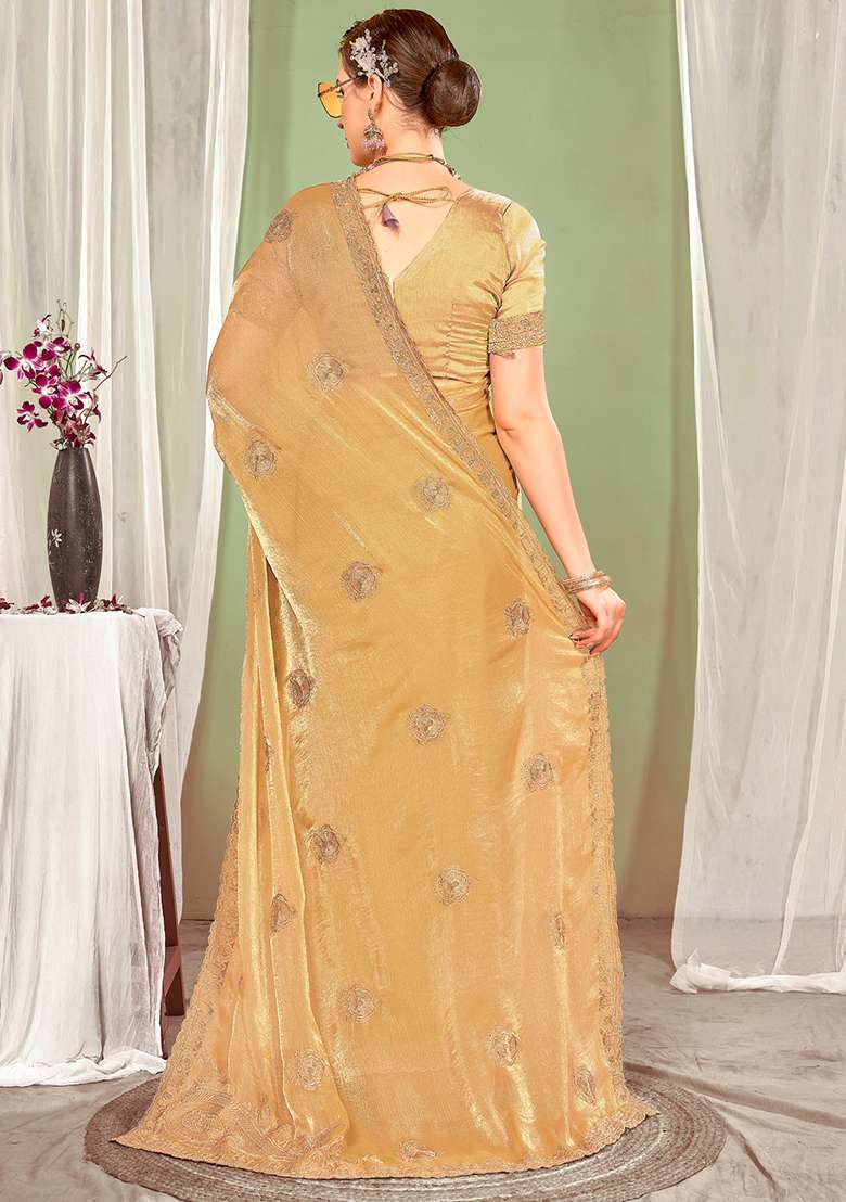 Beige Embroidered Silk Blend Saree Set for Diwali and Festive Wear - Indya