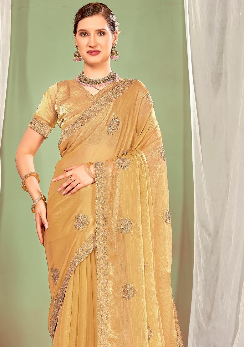 Beige Embroidered Silk Saree Set - Indya