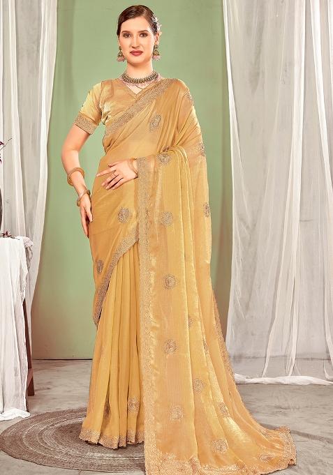 Beige Embroidered Silk Saree Set