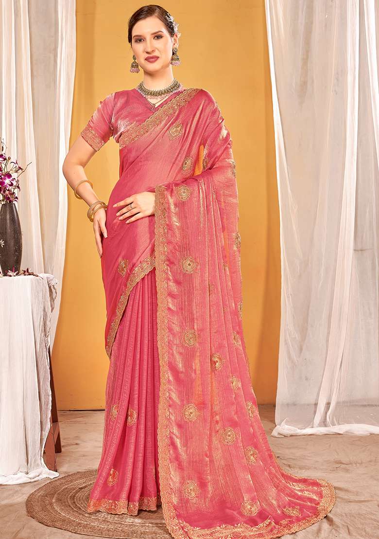 Pink Silk Blend Saree Set with Embroidered for Diwali | Wedding & Festive Wear - Indya