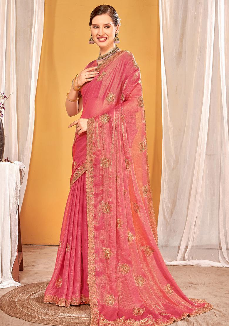 Pink Embroidered Silk Saree Set - Indya