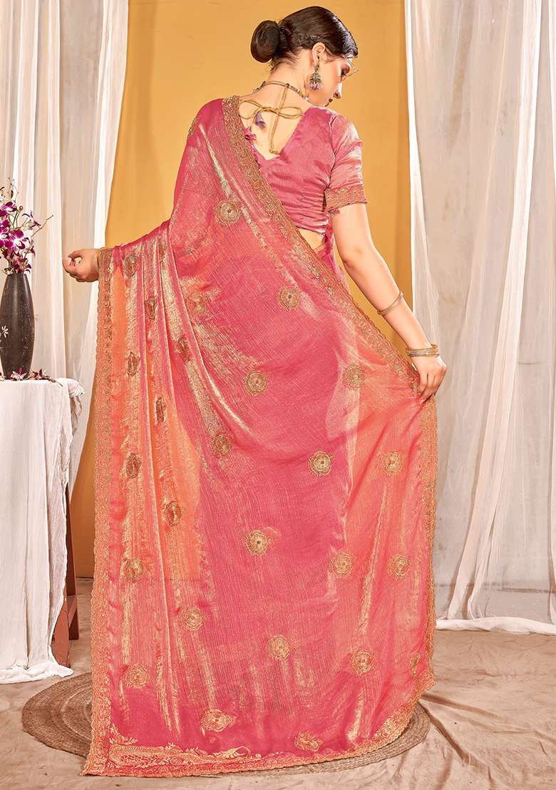 Pink Silk Blend Saree Set with Embroidered for Diwali | Wedding & Festive Wear - Indya