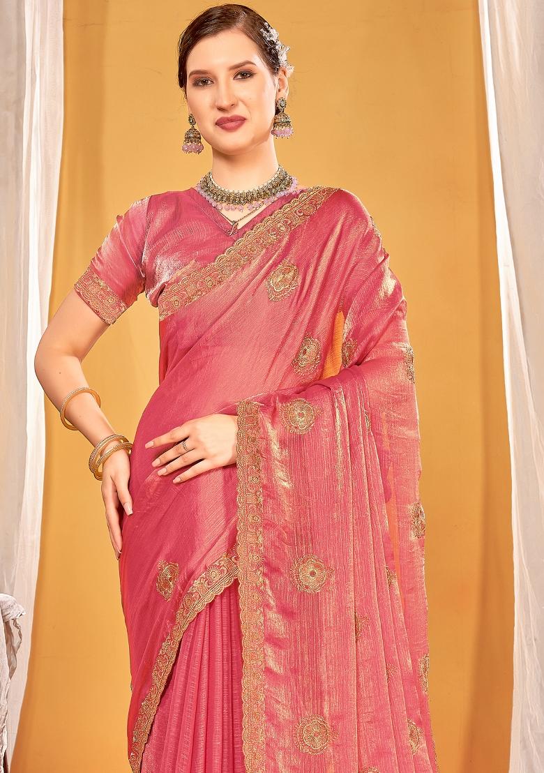 Pink Embroidered Silk Saree Set - Indya