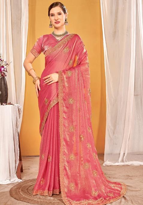Pink Embroidered Silk Saree Set