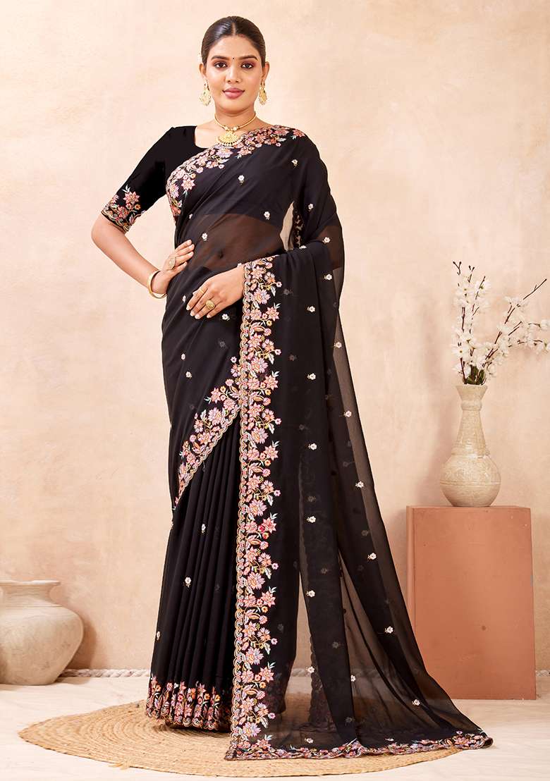 Black Embroidered Georgette Saree Set for Diwali and Festive Wear - Indya