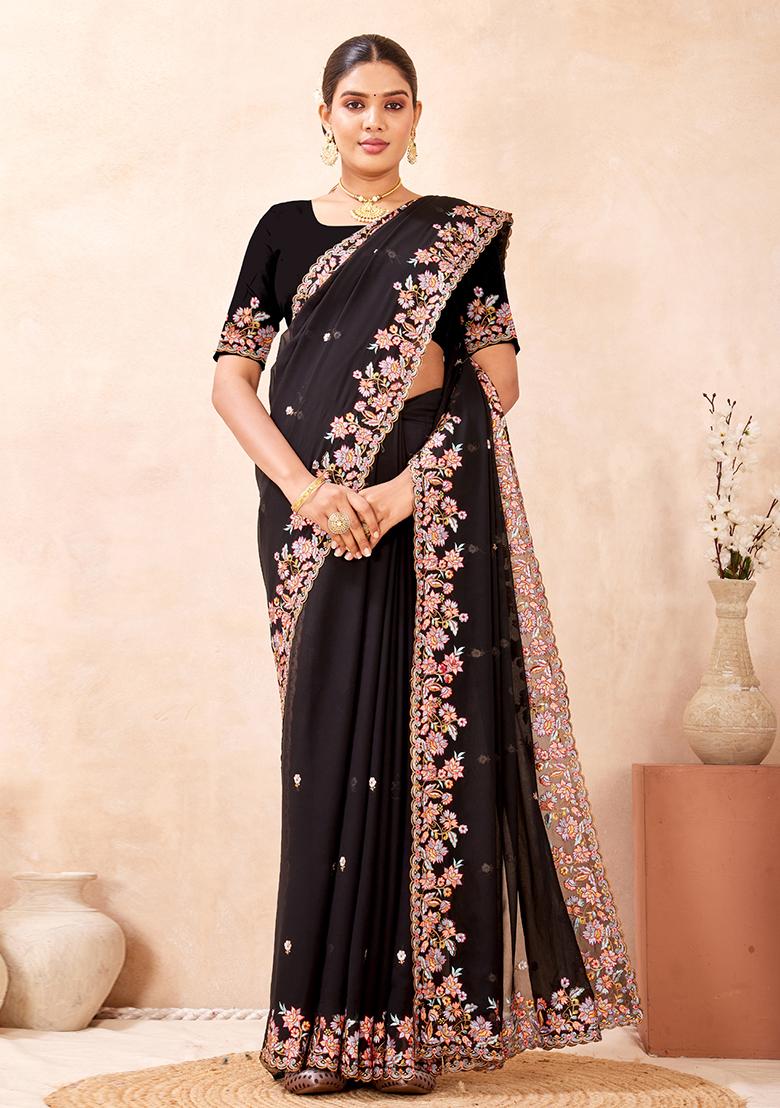 Black Embroidered Georgette Saree Set - Indya