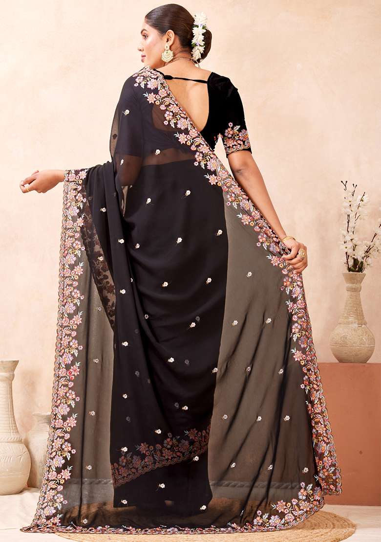 Black Embroidered Georgette Saree Set for Diwali and Festive Wear - Indya