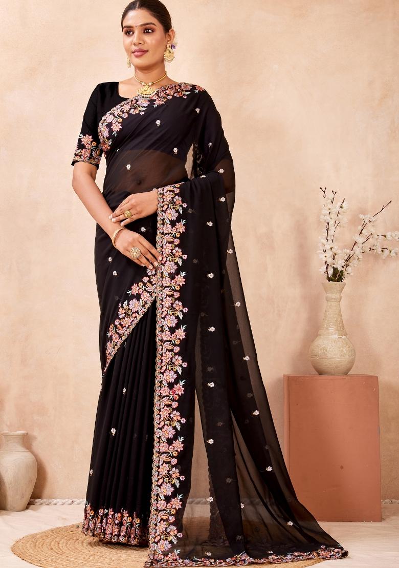 Black Embroidered Georgette Saree Set - Indya