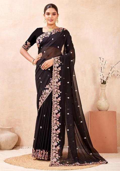 Black Embroidered Georgette Saree Set