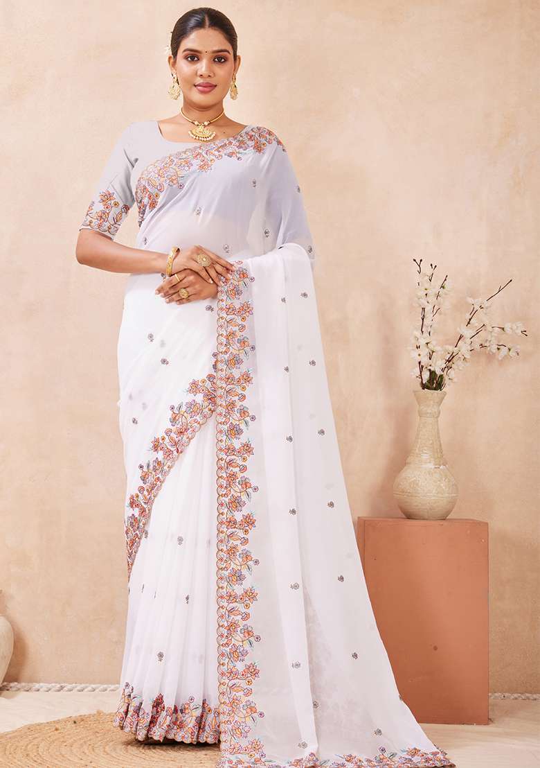 White Embroidered Georgette Saree Set for Diwali and Festive Wear - Indya