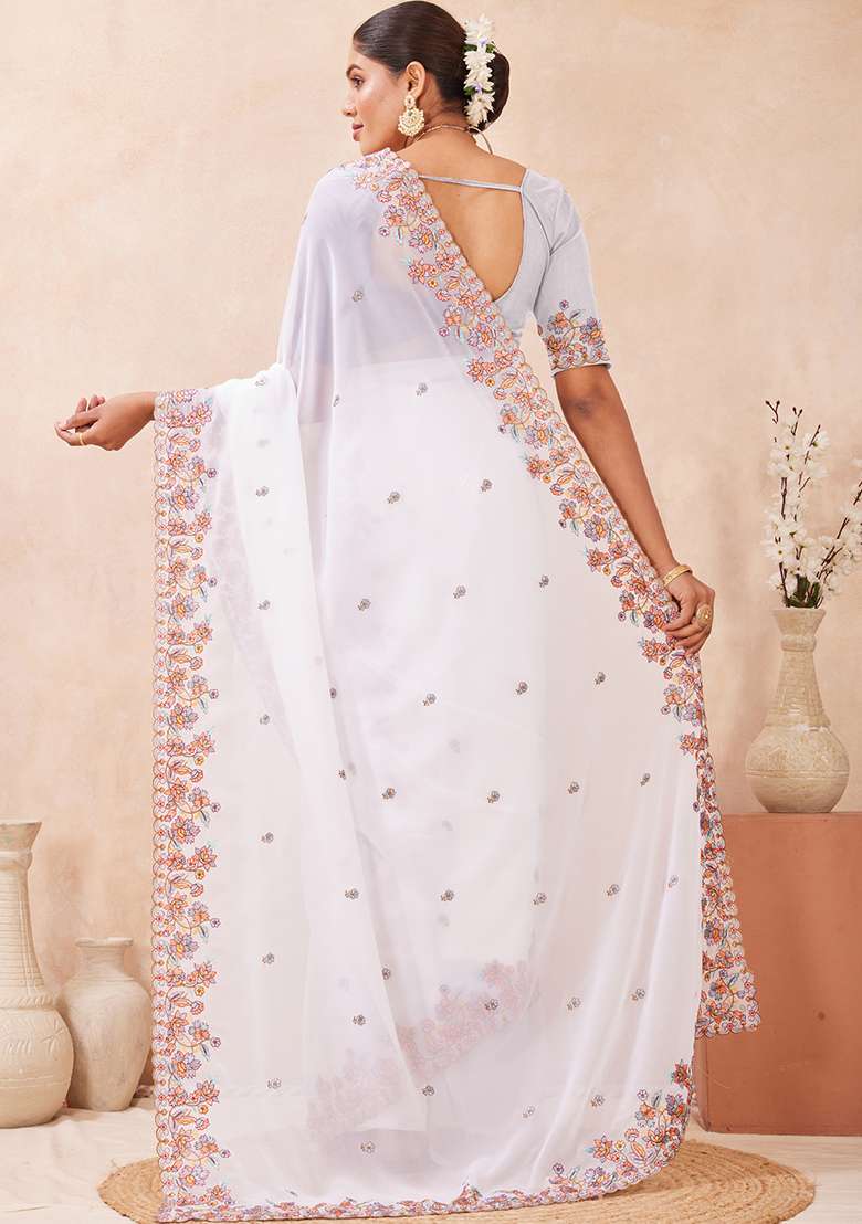 White Embroidered Georgette Saree Set for Diwali and Festive Wear - Indya