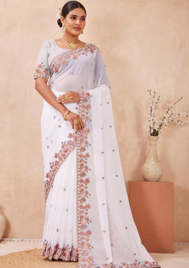 White Embroidered Georgette Saree Set - Indya