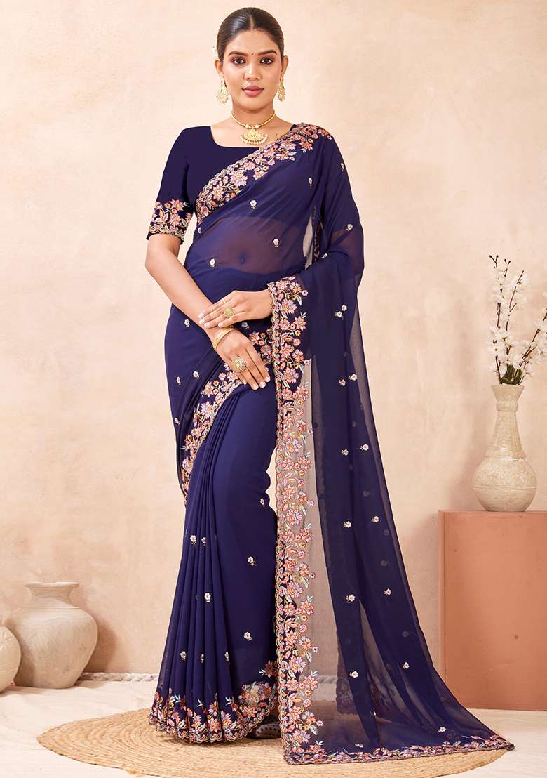 Navy Blue Georgette Saree Set with Embroidered for Diwali | Wedding & Festive Wear - Indya