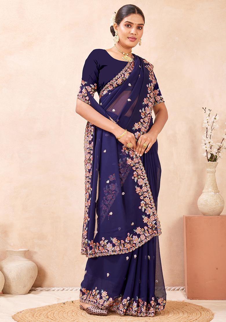 Navy Blue Embroidered Georgette Saree Set - Indya