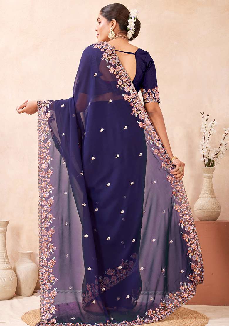 Navy Blue Georgette Saree Set with Embroidered for Diwali | Wedding & Festive Wear - Indya