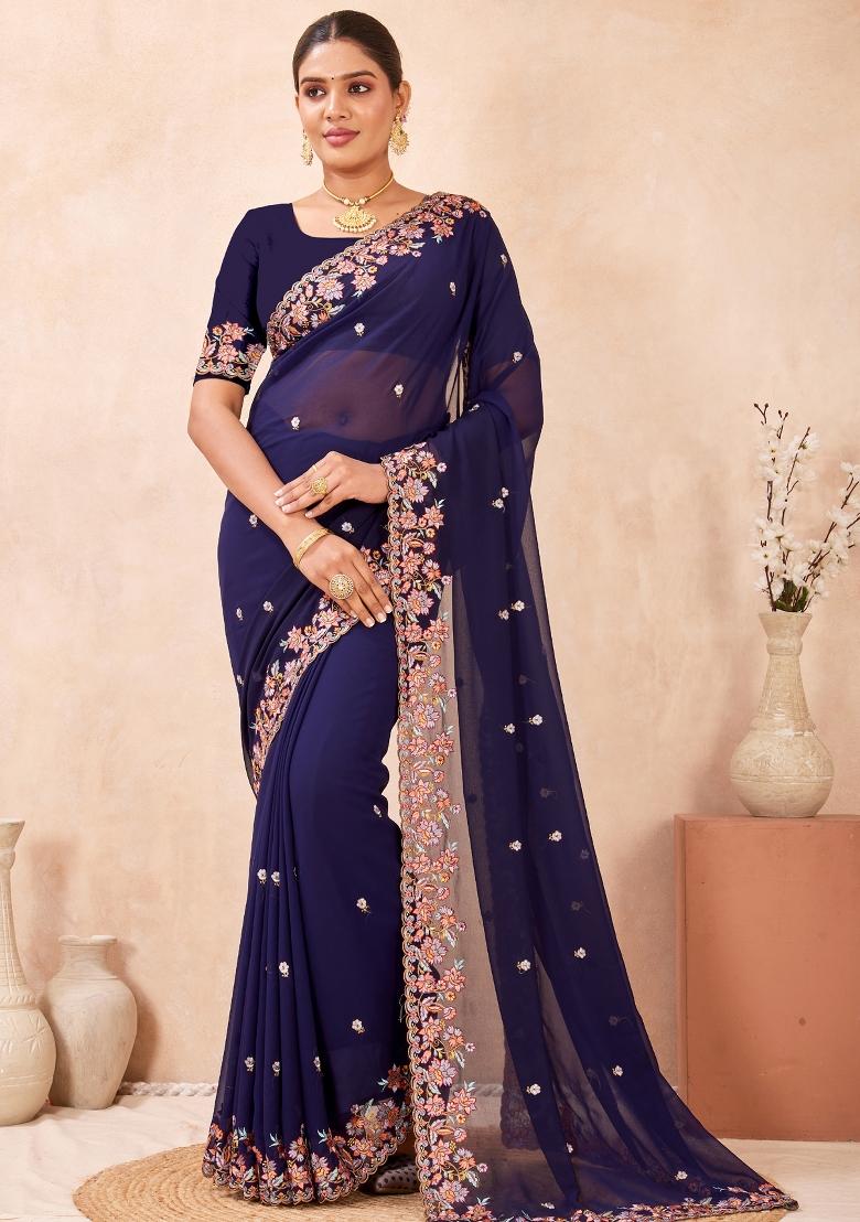 Navy Blue Embroidered Georgette Saree Set - Indya