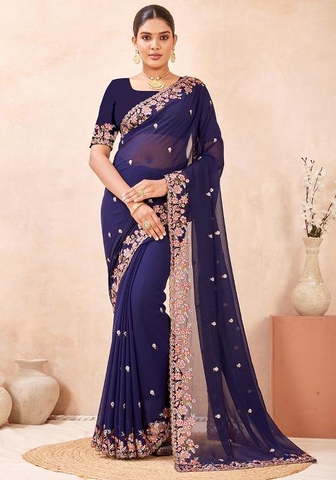 Navy Blue Embroidered Georgette Saree Set