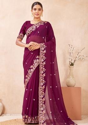 Wine Embroidered Georgette Saree Set