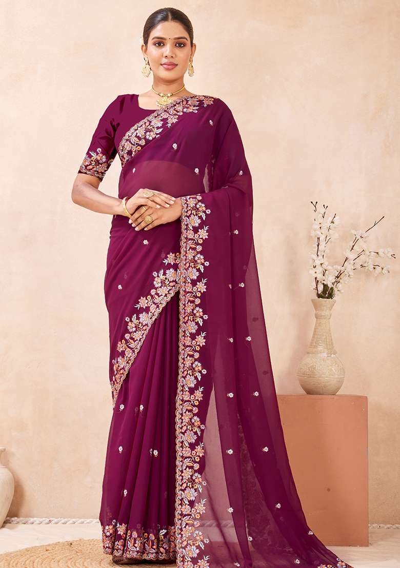 Wine Georgette Saree Set with Embroidered for Diwali | Wedding & Festive Wear - Indya