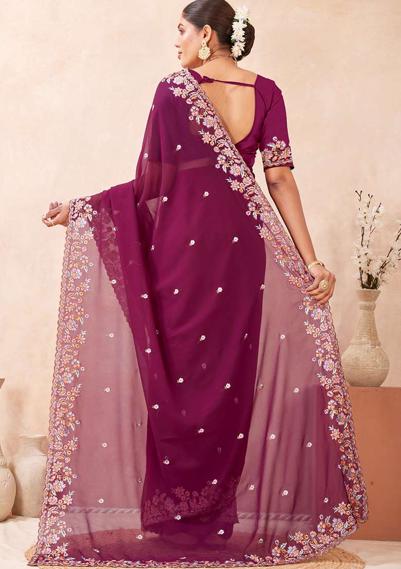 Wine Georgette Saree Set with Embroidered for Diwali | Wedding & Festive Wear - Indya