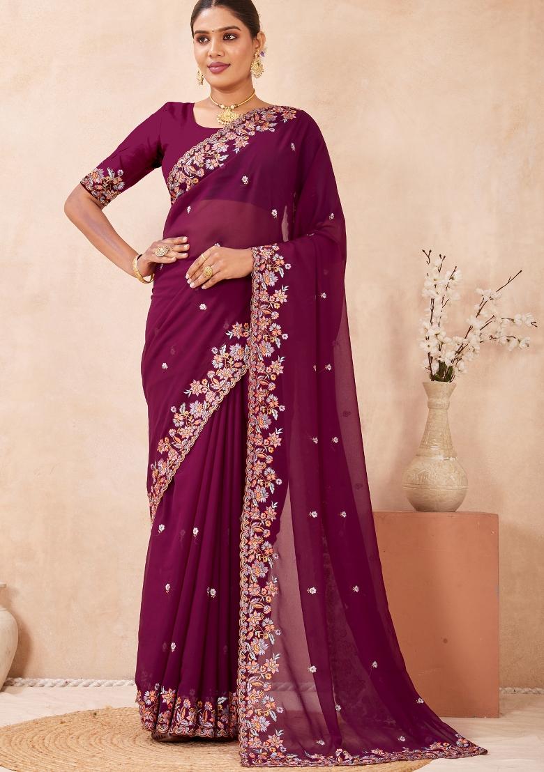 Wine Embroidered Georgette Saree Set - Indya