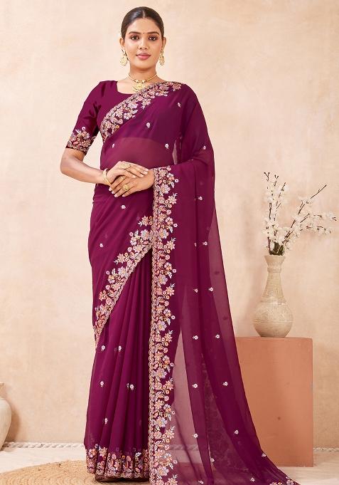Wine Embroidered Georgette Saree Set
