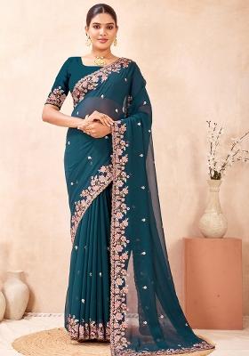 Teal Blue Embroidered Georgette Saree Set