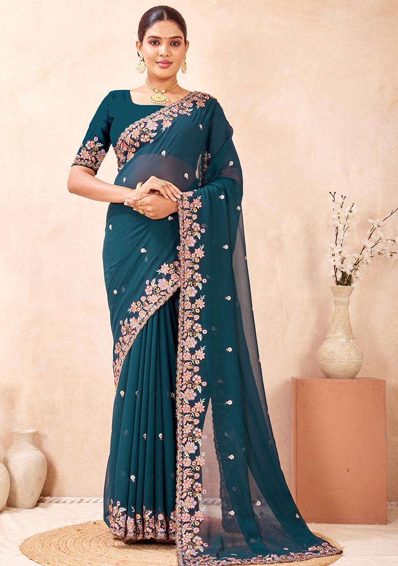 Teal Blue Embroidered Georgette Saree Set - Indya