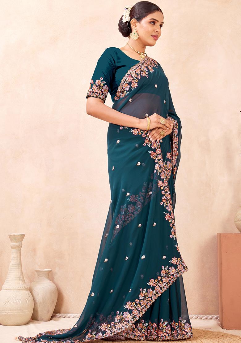 Teal Blue Embroidered Georgette Saree Set - Indya