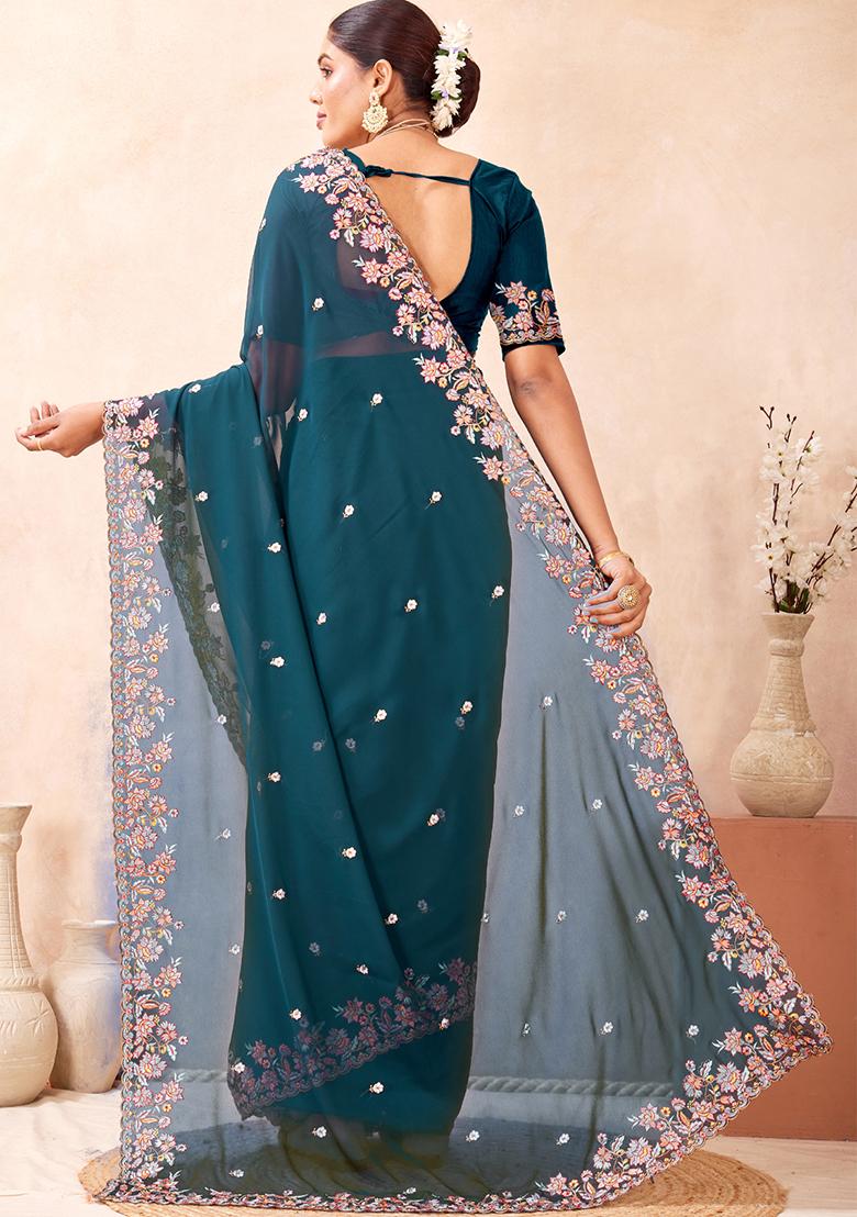 Teal Blue Embroidered Georgette Saree Set - Indya