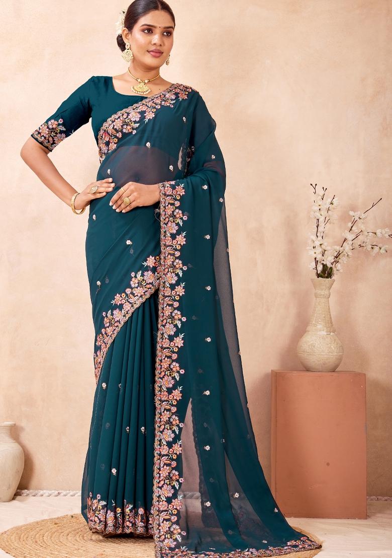Teal Blue Embroidered Georgette Saree Set - Indya
