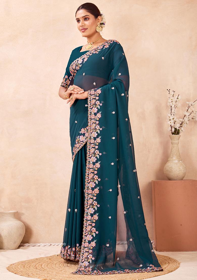 Teal Blue Embroidered Georgette Saree Set - Indya