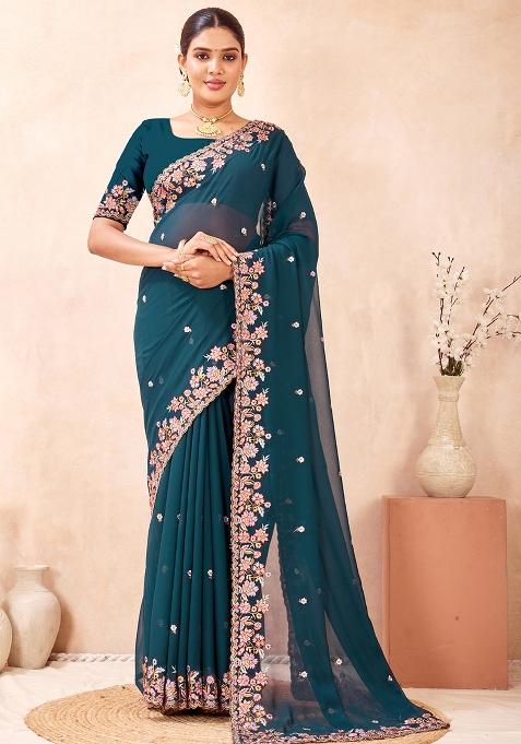 Teal Blue Embroidered Georgette Saree Set
