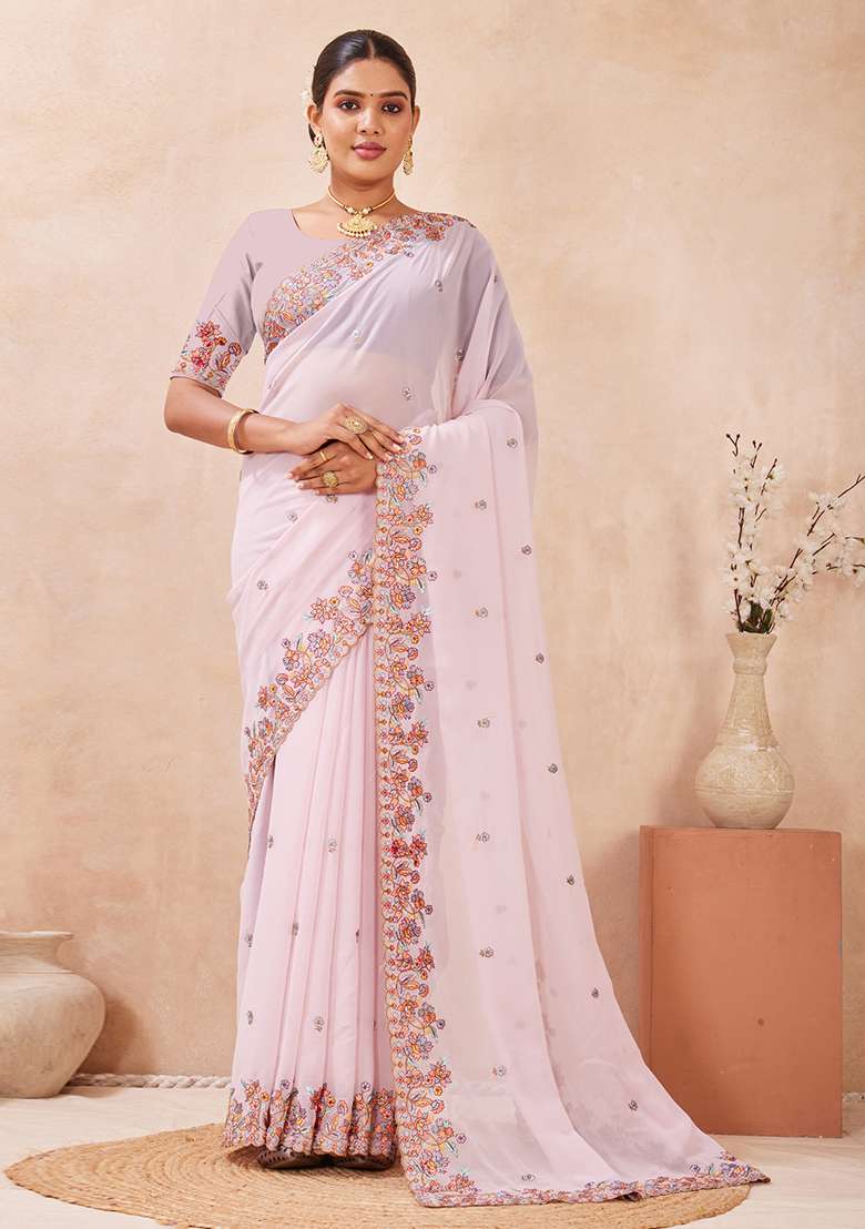 Lavender Embroidered Georgette Saree Set for Diwali and Festive Wear - Indya