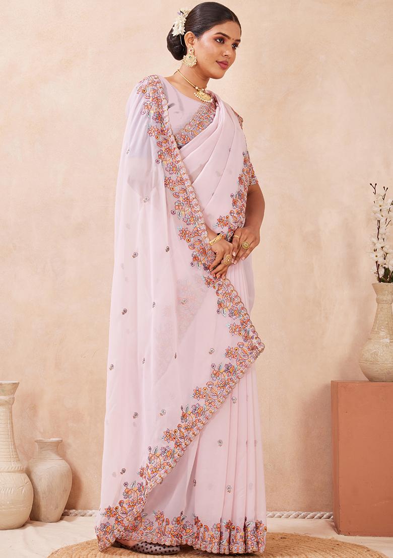 Lavender Embroidered Georgette Saree Set - Indya