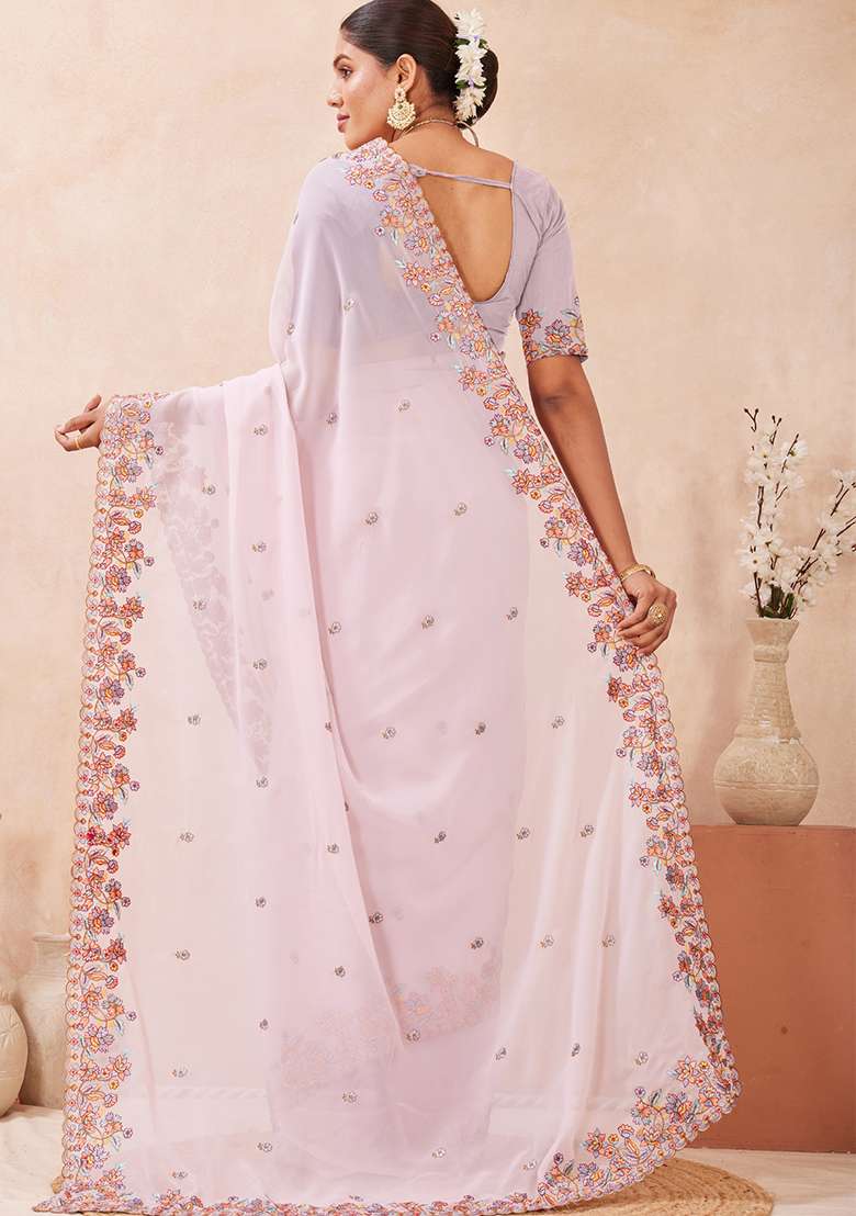 Lavender Embroidered Georgette Saree Set for Diwali and Festive Wear - Indya