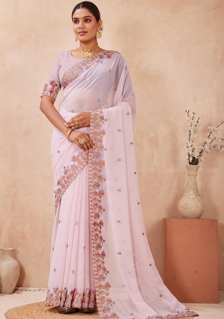 Lavender Embroidered Georgette Saree Set - Indya