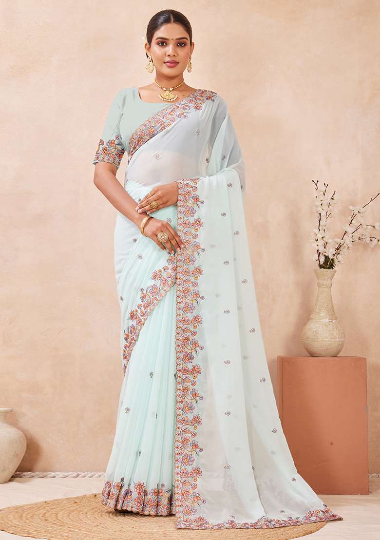 Sea Green Georgette Saree Set with Embroidered for Diwali | Wedding & Festive Wear - Indya