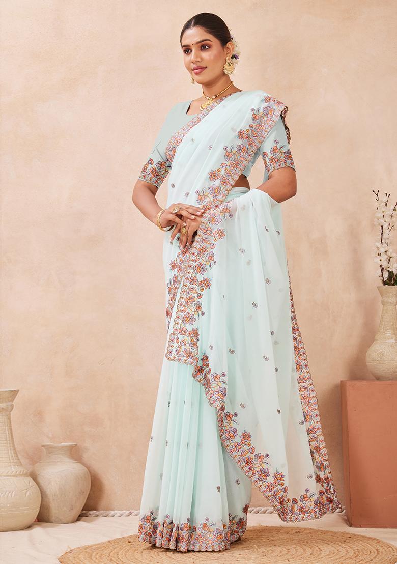 Sea Green Embroidered Georgette Saree Set - Indya
