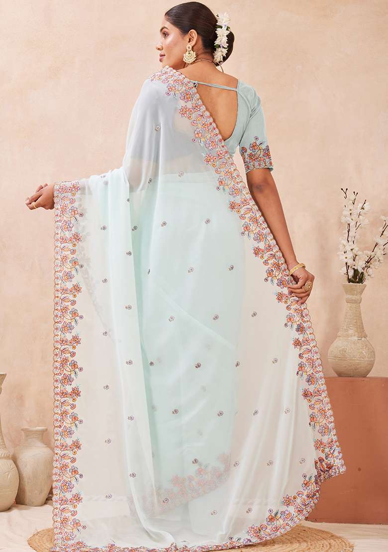 Sea Green Georgette Saree Set with Embroidered for Diwali | Wedding & Festive Wear - Indya