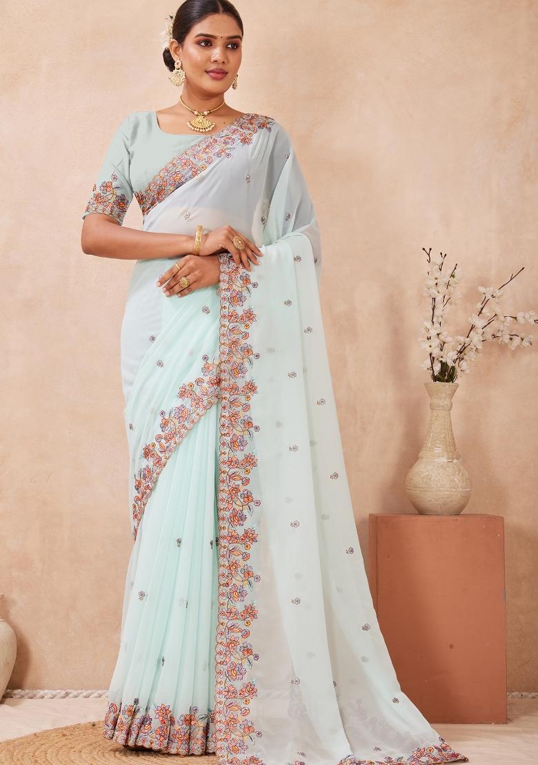 Sea Green Embroidered Georgette Saree Set - Indya