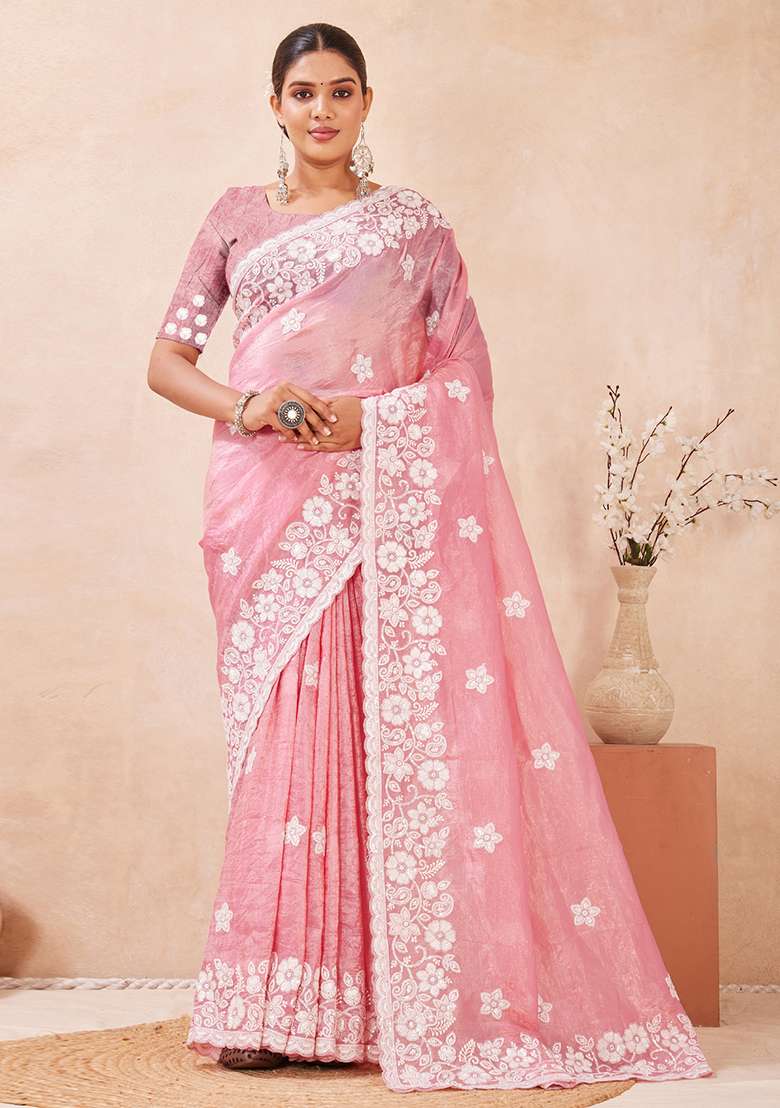 Pink Embroidered Silk Blend Saree Set for Diwali and Festive Wear - Indya