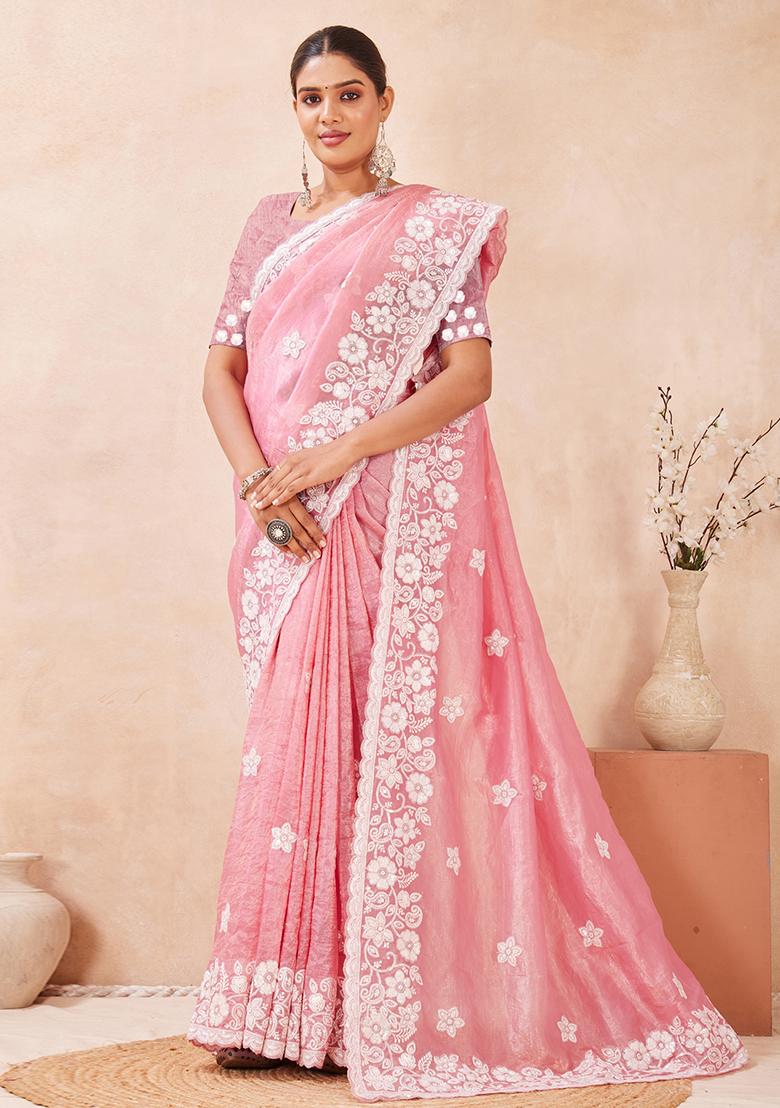 Pink Embroidered Silk Saree Set - Indya