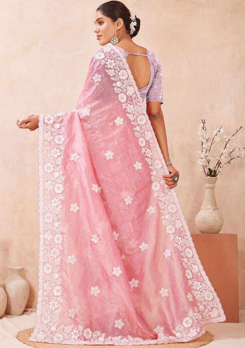 Pink Embroidered Silk Blend Saree Set for Diwali and Festive Wear - Indya