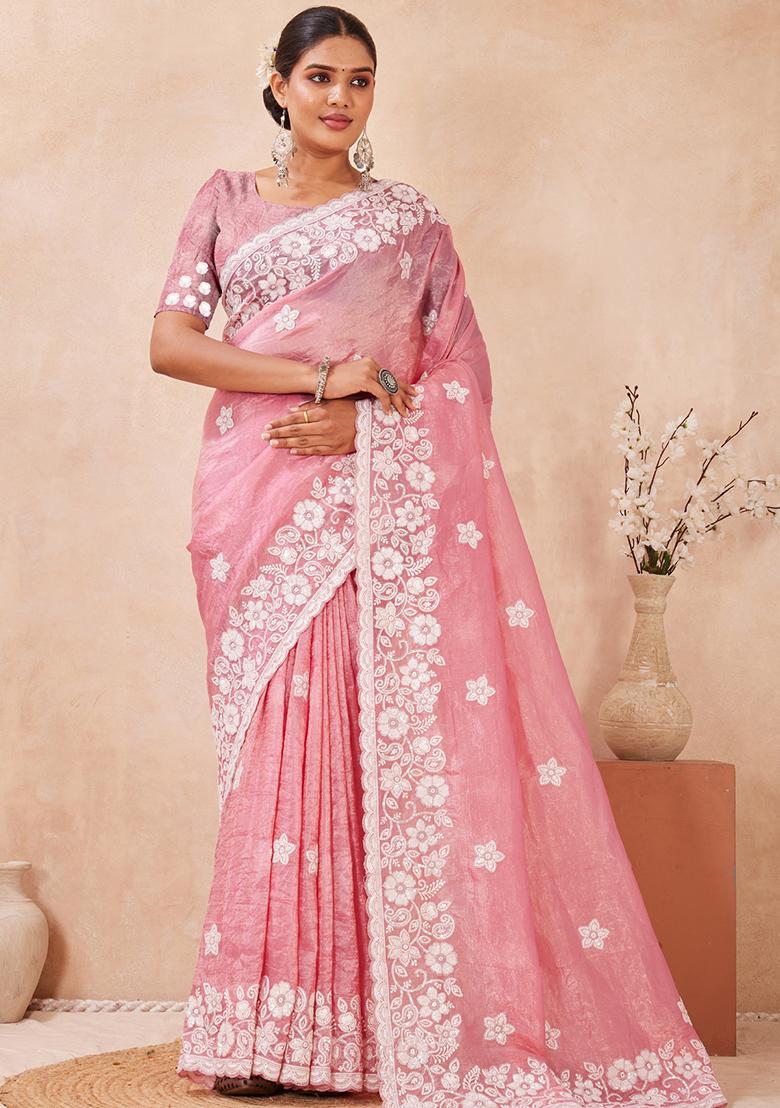 Pink Embroidered Silk Saree Set - Indya