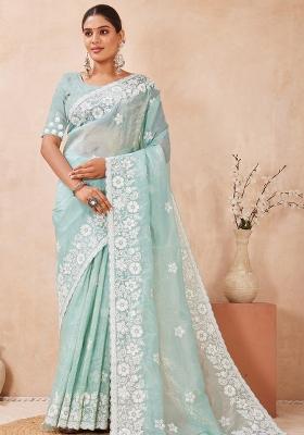 Sea Green Embroidered Silk Saree Set