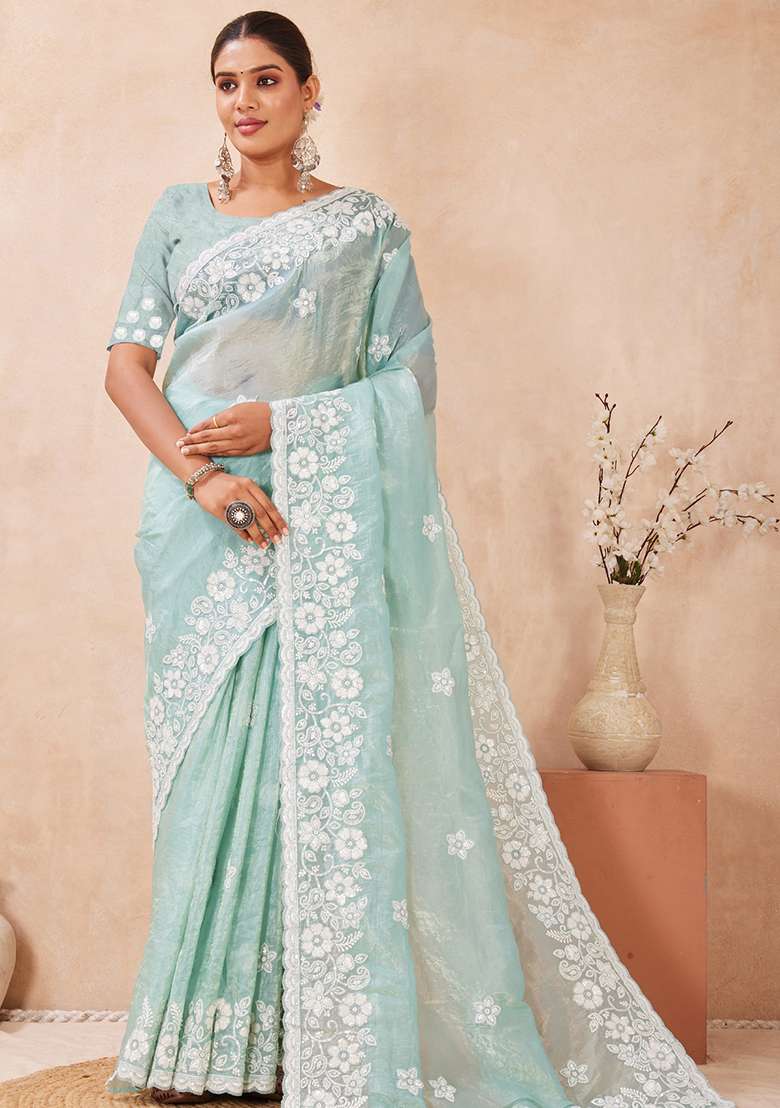 Sea Green Silk Blend Saree Set with Embroidered for Diwali | Wedding & Festive Wear - Indya